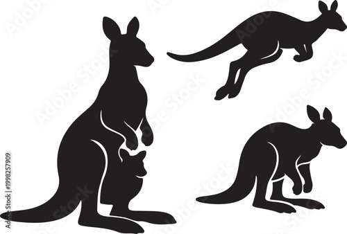 Australian Wildlife Silhouette Vector Set: Kangaroo, Joey, Emu, Koala, and Kiwi Icons