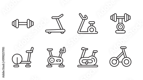 Black line icons of exercise machines and dumbbells on white background for fitness concepts