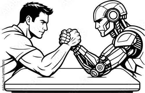 Human vs robot arm wrestling illustration black line art concept for AI competition
