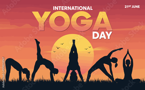 Silhouettes of people practicing yoga against sunset sky for international yoga day
