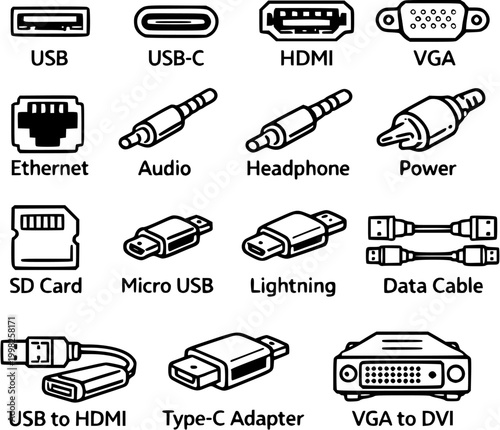 USB and cable connector icon set black outline for hardware and technology design