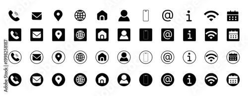 Dadi icone con simboli contatti e comunicazione.
Contact icon vector set 2026. Phone, Call, Email, Address, Website, Fax, Mobile, Minimal Home, Calendar, Chat icons. 
