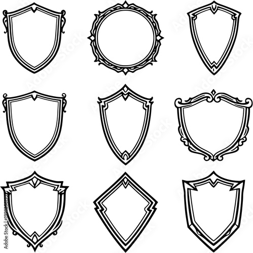 Shield and badge frame icon set black outline for security and emblem design