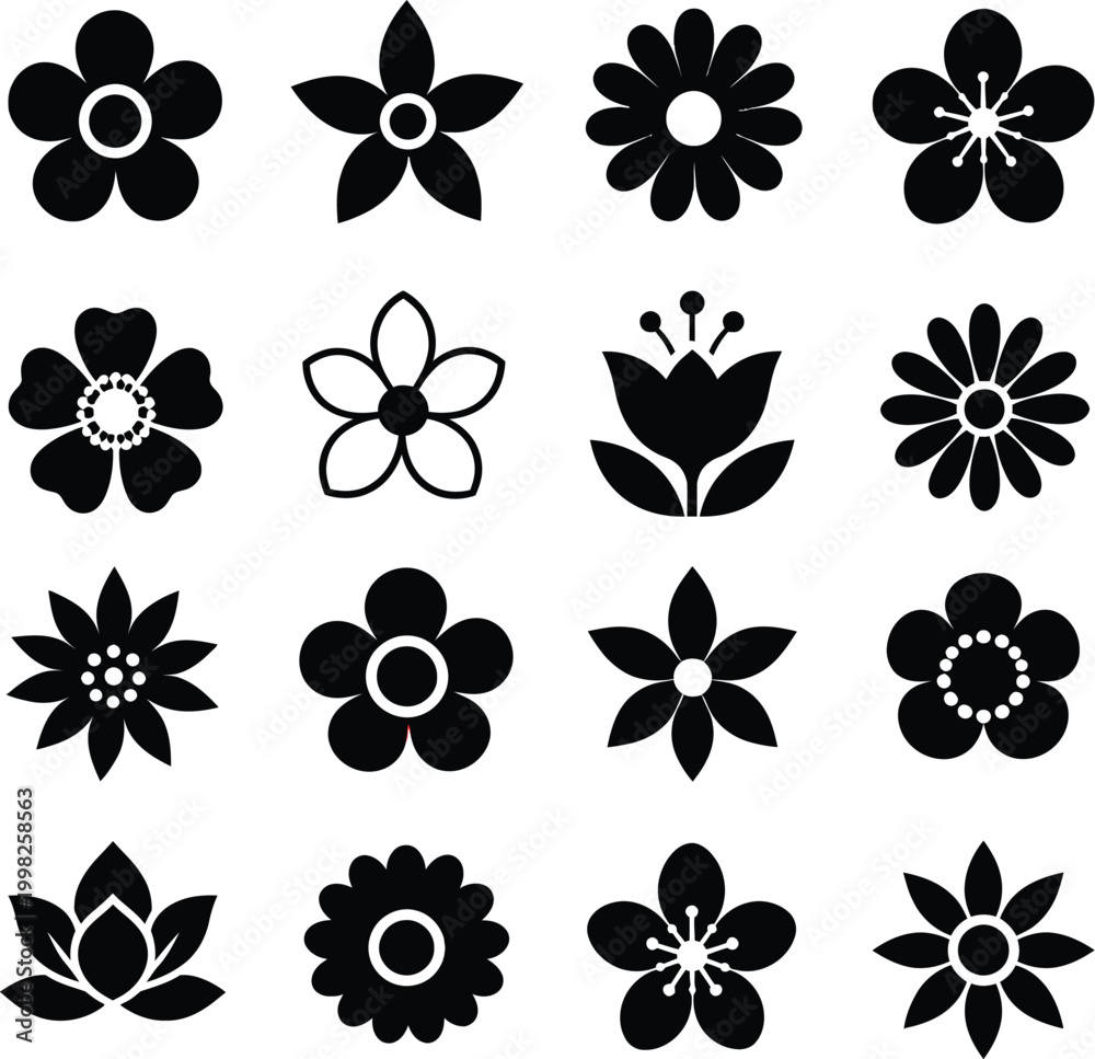 Fototapeta premium Collection of various floral icons and simple flower shapes in black vector set