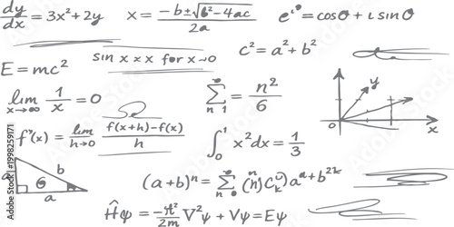A vintage calligraphic set of math formulas on a white background featuring ornamental vector flourishes and retro scroll border elements for a decorative page design