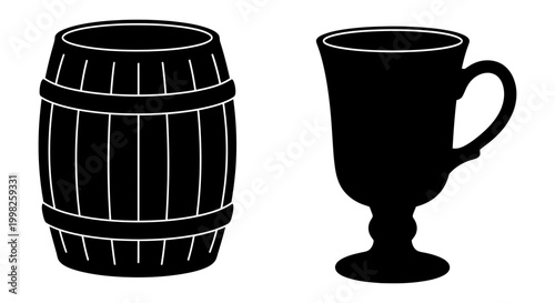 Barrel and mug icon set, black silhouette, white background, vector Illustration