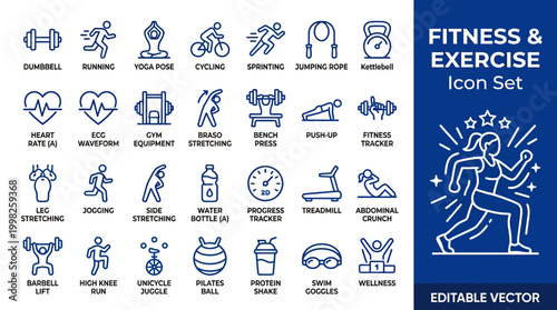 Fitness and exercise line icon set, gym workout and sports activity vector illustrations