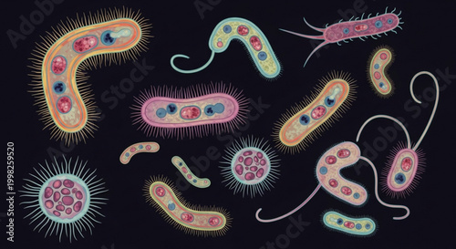 Microscopic bacteria and microorganisms on black background colorful illustration for science and medical concepts