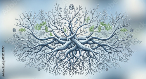 Intricate bare tree roots and branches with green leaves on blurred blue background nature concept