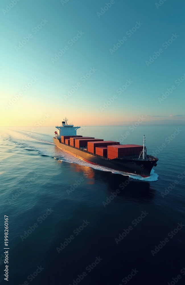 Obraz premium Large cargo ship transports red containers across calm ocean water at sunset. Global logistics and international trade concept. Modern freight vessel sails on sea.