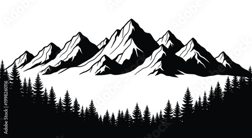Monochrome mountain range and coniferous forest silhouette vector illustration for outdoor adventure designs.