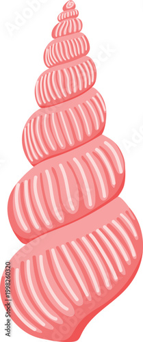 Pink spiral seashell with decorative lines long conical marine shell isolated