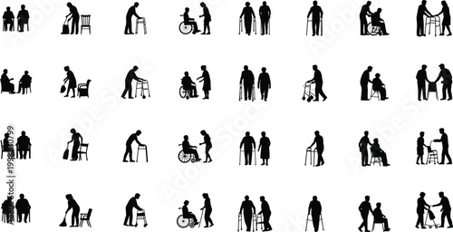 Elderly people care icons, senior assistance, wheelchair users, walking aid silhouettes, caregiving support symbols, healthcare set – vector illustration
