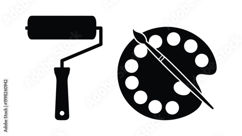 Painting tools including a roller and palette in silhouette