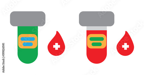 Blood Test Tubes and Drops Flat Icon Set, Medical Laboratory Diagnostic Symbols