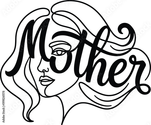 Mother text integrated with a woman's face in a continuous line drawing word