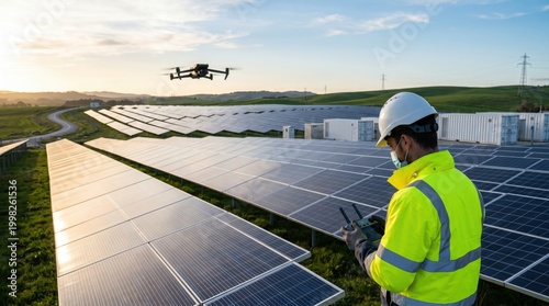 Technician inspecting solar power plant panels using drone controller and UAV aircraft, renewable energy maintenance and photovoltaic array monitoring in sustainable green field