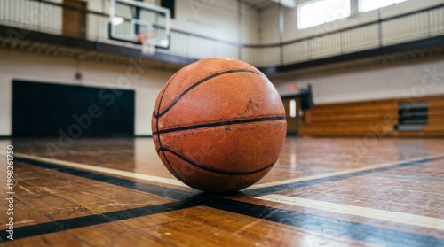 Close-up of a Worn Basketball on an Indoor Wooden Court