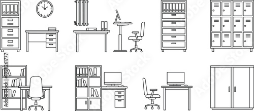 Office furniture line icon set with desks chairs cabinets lockers and workspace elements