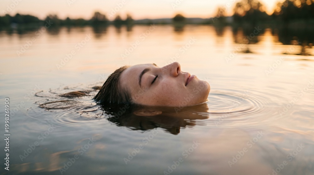 Fototapeta premium Peaceful face floating on water with soft ripples, symbolizing calm and relaxation.