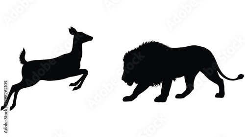 A deer and lion facing each other in stark black silhouette