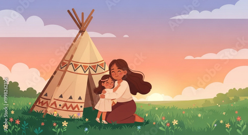 Mother and daughter hugging by a teepee at sunset peaceful family scene in a meadow illustration for childhood and nature the