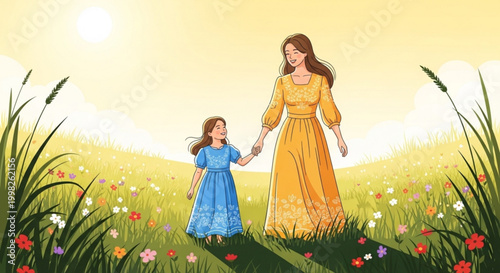 Mother and daughter walking hand in hand in a sunny meadow illustration of family love and childhood innocence warm summer da