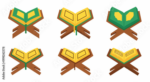 Collection of colorful flat design illustrations of open Holy Books on wooden stands