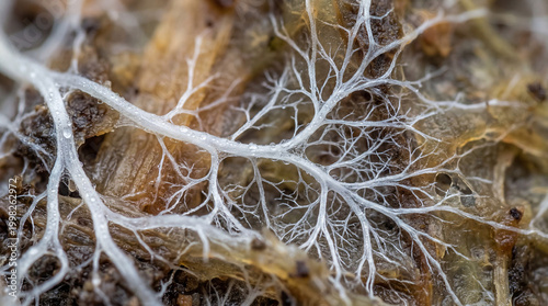Delicate white mycelium veins intricately spread across decaying organic matter, adorned with morning dew, showcasing nature's hidden art