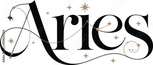 Aries zodiac sign is displayed with fine lines and twinkling star elements.