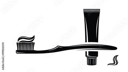 Toothbrush and toothpaste tube in a striking black silhouette