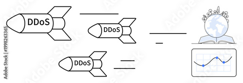 Cybersecurity, DDoS attack prevention, data protection, network threats, online systems, traffic analysis. Three DDoS missiles targeting a system as a globe. Cybersecurity and DDoS attack prevention