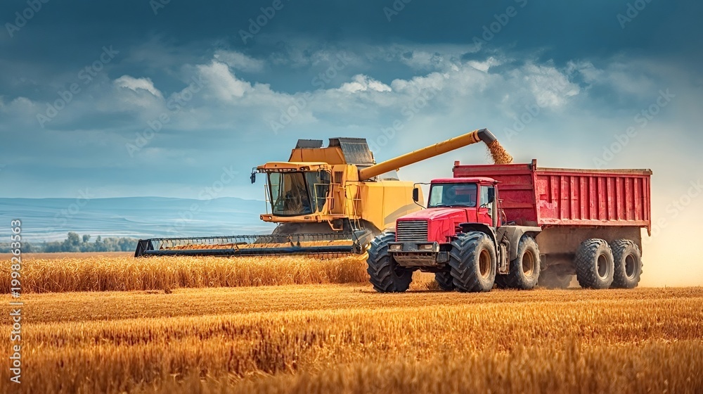 Obraz premium Combine harvester machine filling a red dump truck with grains of ripe wheat standing in a golden agricultural field under a dynamic cloudy sky, highlighting modern farming and food production