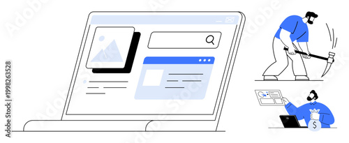 Digital marketing, data mining, online research, financial analysis, e-commerce, technology workflow. Laptop with search bar interface, man mining data financial profit visualization. Data mining