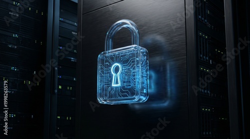 Holographic Blue Cyber Lock Protecting Modern Server Rack Infrastructure