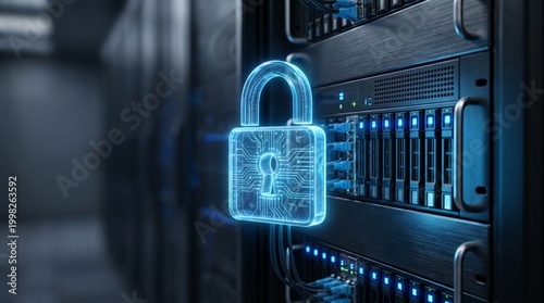 High-Tech Blue Digital Padlock Hovering in Enterprise Data Center Aisle