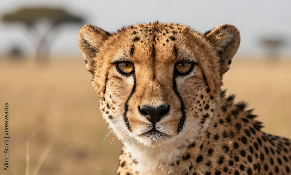 Fototapeta premium shot cheetah face intense stare sharp features highlighted hazy backdrop savannah