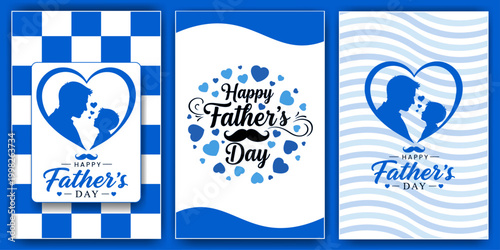 Happy Father's Day Blue Card Set with Heart Silhouette Father and Child, Modern Minimal Greeting Poster Collection