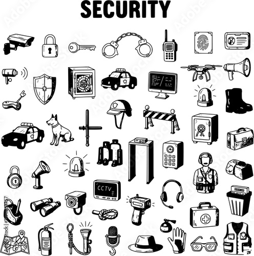 Hand-drawn Doodle Security Icons Collection. Set of Protection and Safety Equipment, Devices, and Symbols.