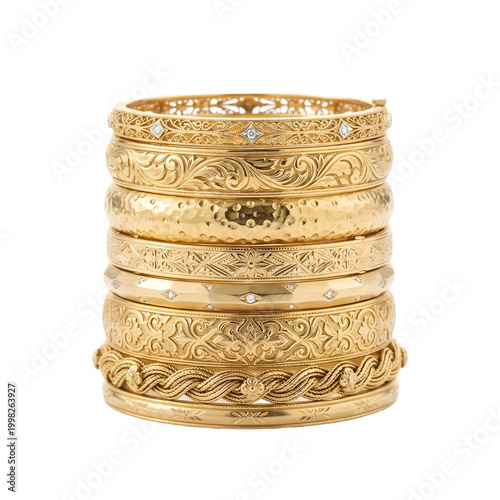 Elegant Stackable Gold Bangle Bracelets with Intricate Designs and Diamonds