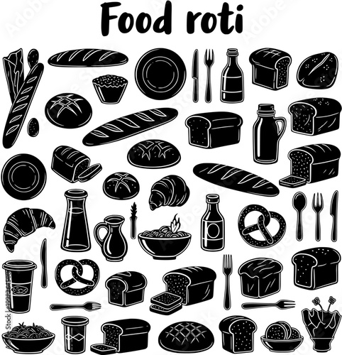 Monochrome Vector Set of Bakery Items and Kitchenware: Bread, Pastries, Utensils, and Drinks in Outline Style