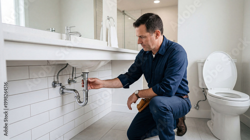 Dedicated plumber meticulously examines the intricate plumbing beneath a pristine bathroom vanity, ensuring flawless water flow