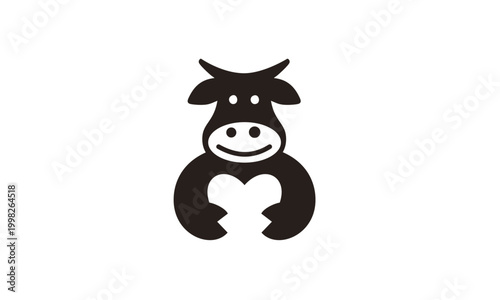 Stylized Black and White Cow Character Holding a Heart Symbol