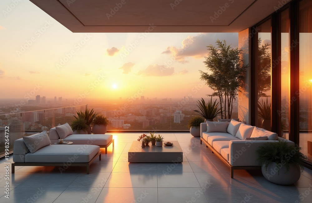 Fototapeta premium Luxury penthouse terrace at sunset city view. Outdoor furniture lounge area with modern design and plants. Ideal for relaxation and upscale living concepts.