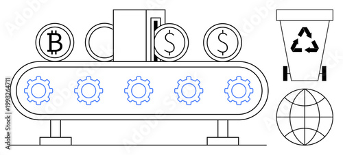 Cryptocurrency mining, digital finance, eco-friendly innovations, blockchain technology, sustainability concepts, waste management. Coins on a conveyor belt and a recycling bin nearby. Cryptocurrency