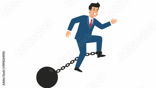 Businessman running with heavy ball and chain on white background