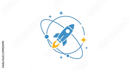 A blue rocket ship in space.