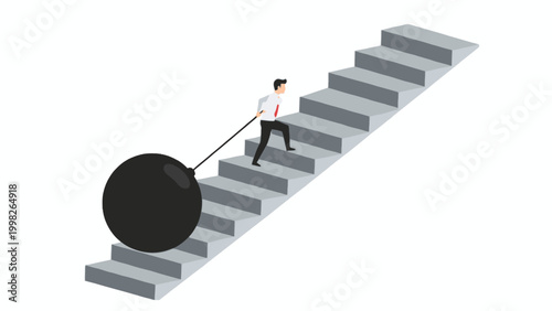 Businessman dragging heavy iron ball climbing stairs illustration