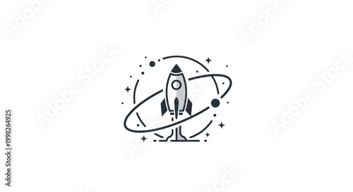 Black and white illustration of a rocket ship.