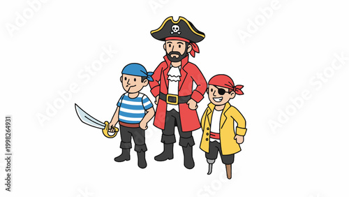Pirate Captain and Boy Crew Characters Posing on White Background
